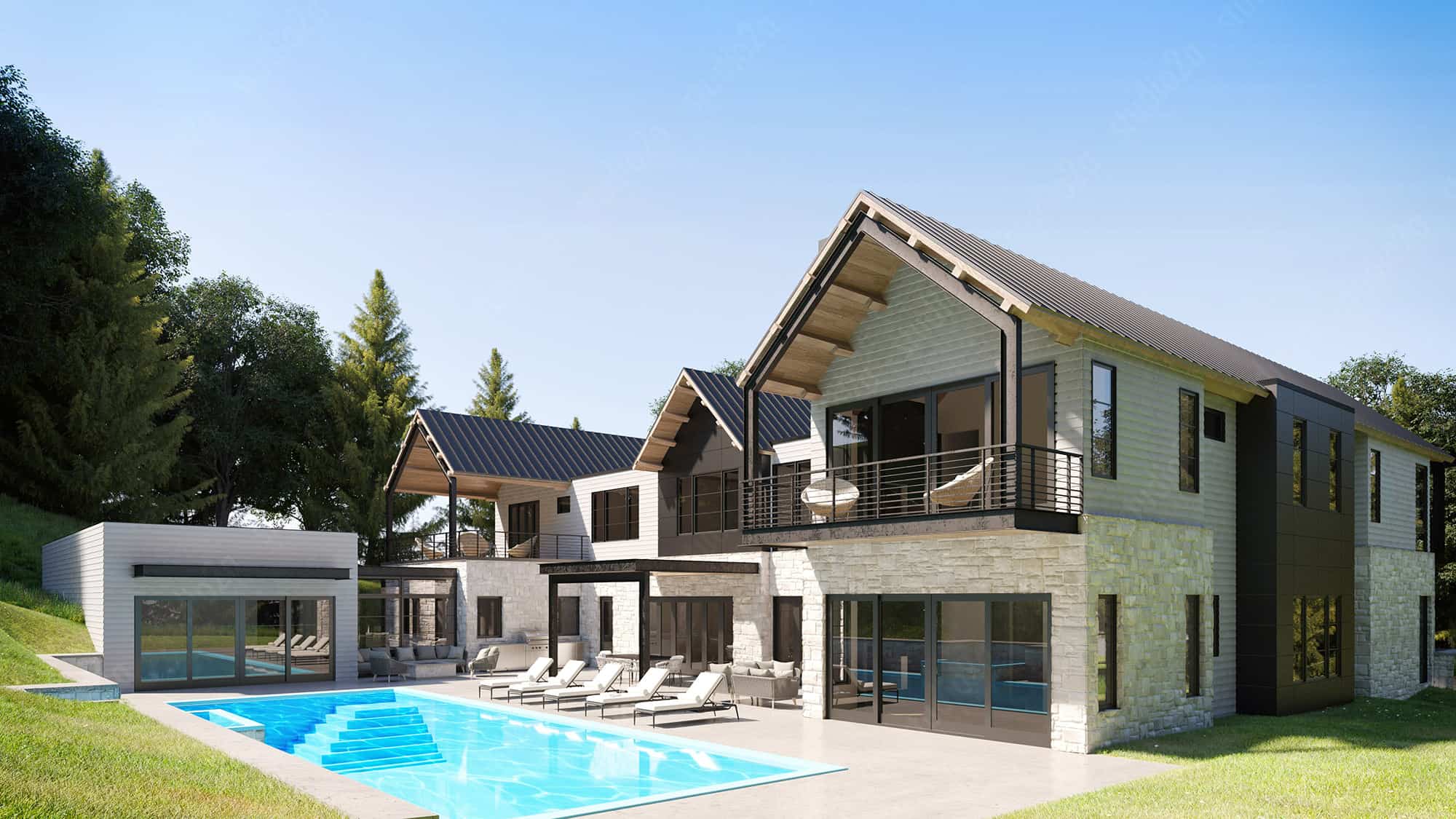 3d exterior rendering boulder mountain modern house pool deck