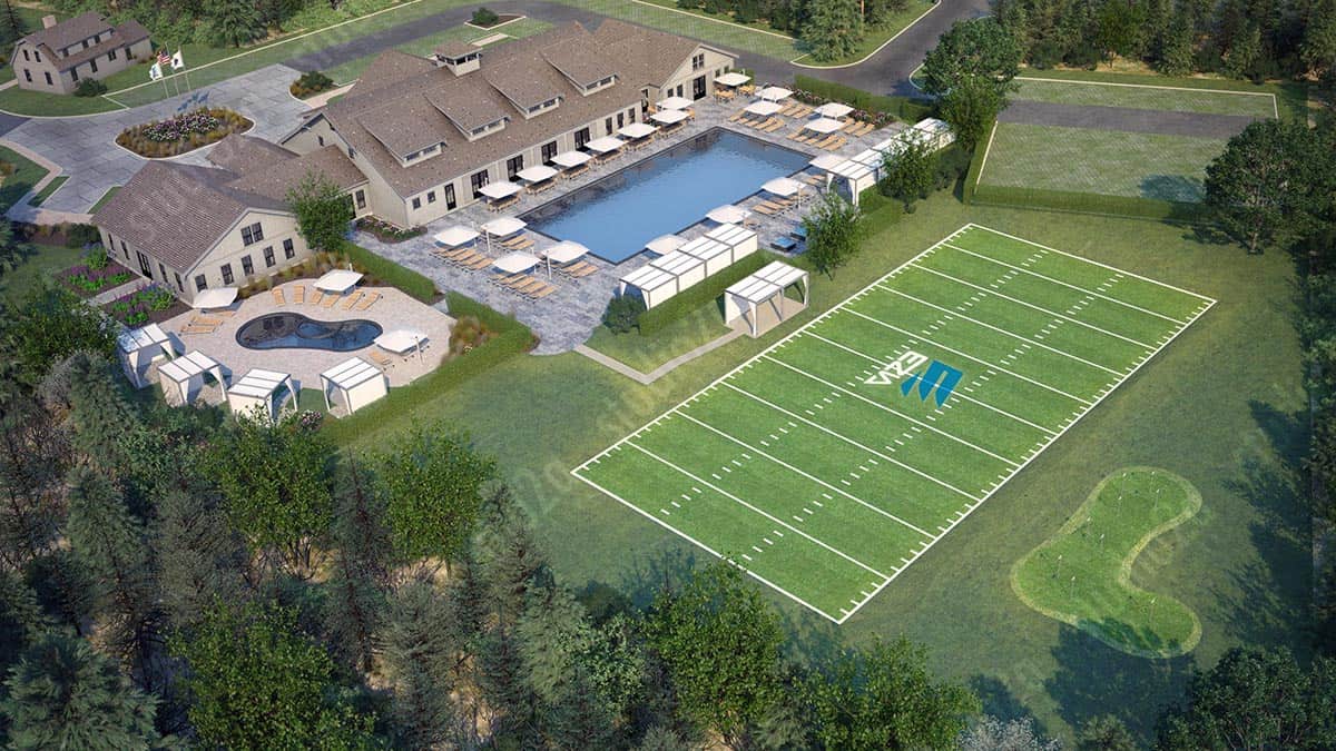 Arial 3D Bird Eye architectural exterior rendering commercial building with pool, tennis court, putting green