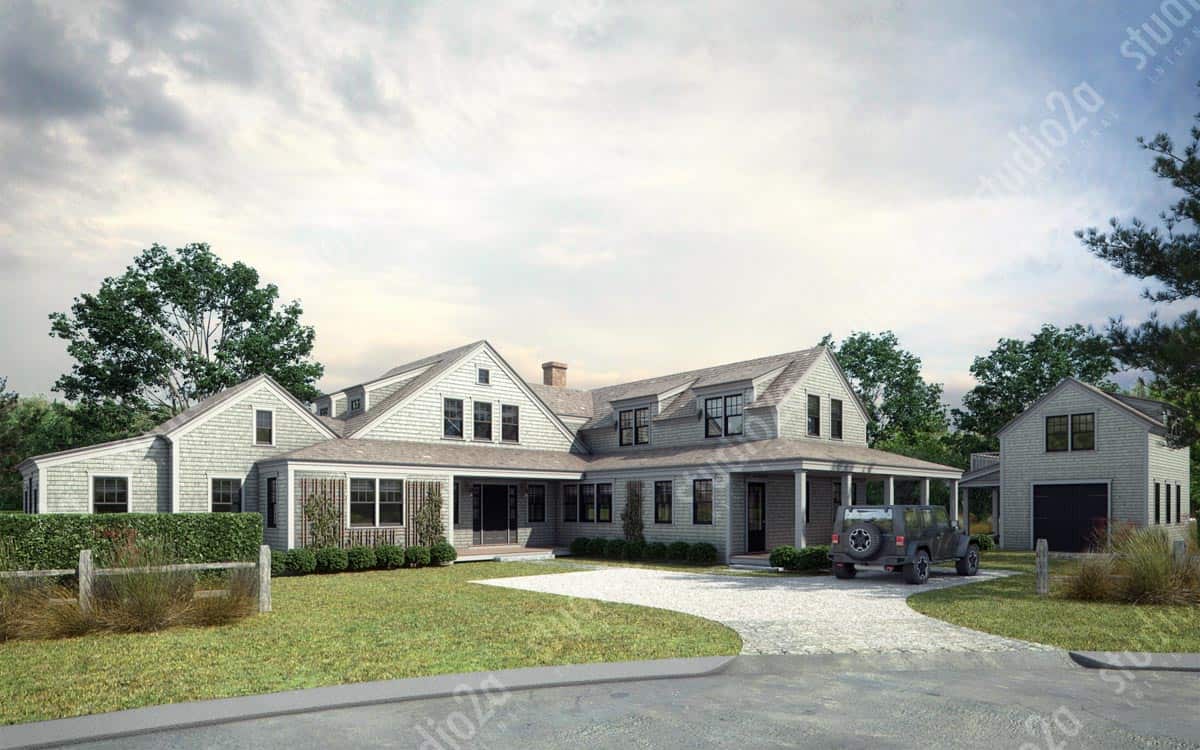 3D exterior architectural rendering residential Nantucket Island Home